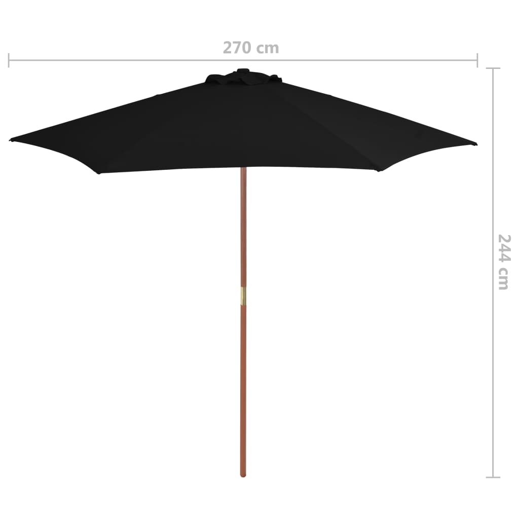 Guarda-sol de jardim com poste de madeira 270 cm preto