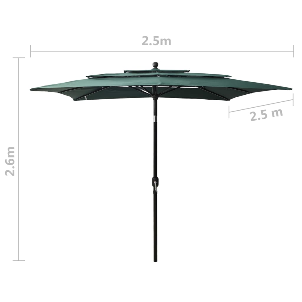 Guarda-sol de jardim 3 camadas c/ poste alumínio 2,5x2,5m verde