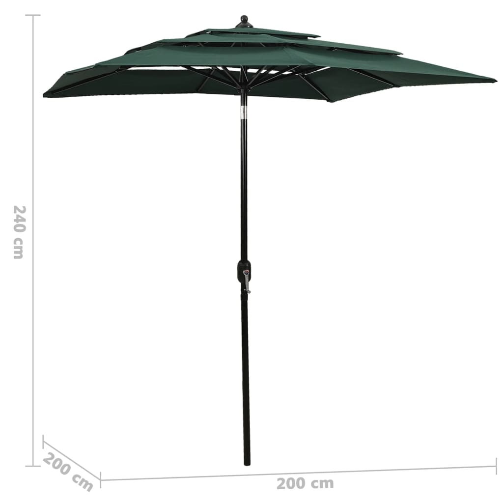 Guarda-sol de jardim 3 camadas c/ poste de alumínio 2x2 m verde