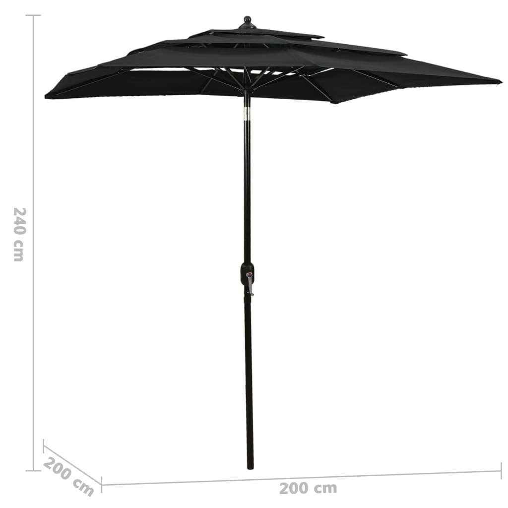 Guarda-sol de jardim 3 camadas c/ poste de alumínio 2x2 m preto