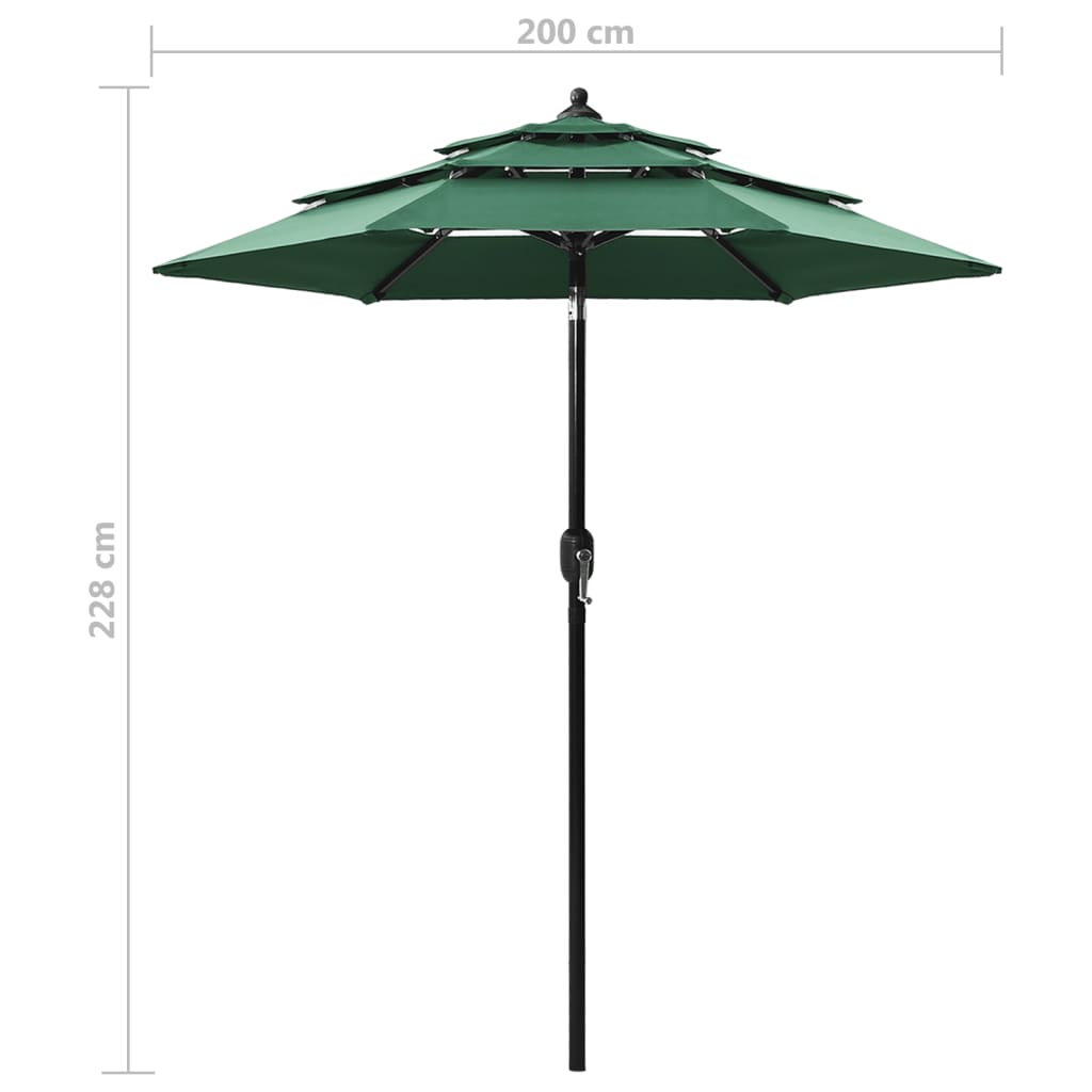 Guarda-sol de jardim 3 camadas com poste de alumínio 2 m verde