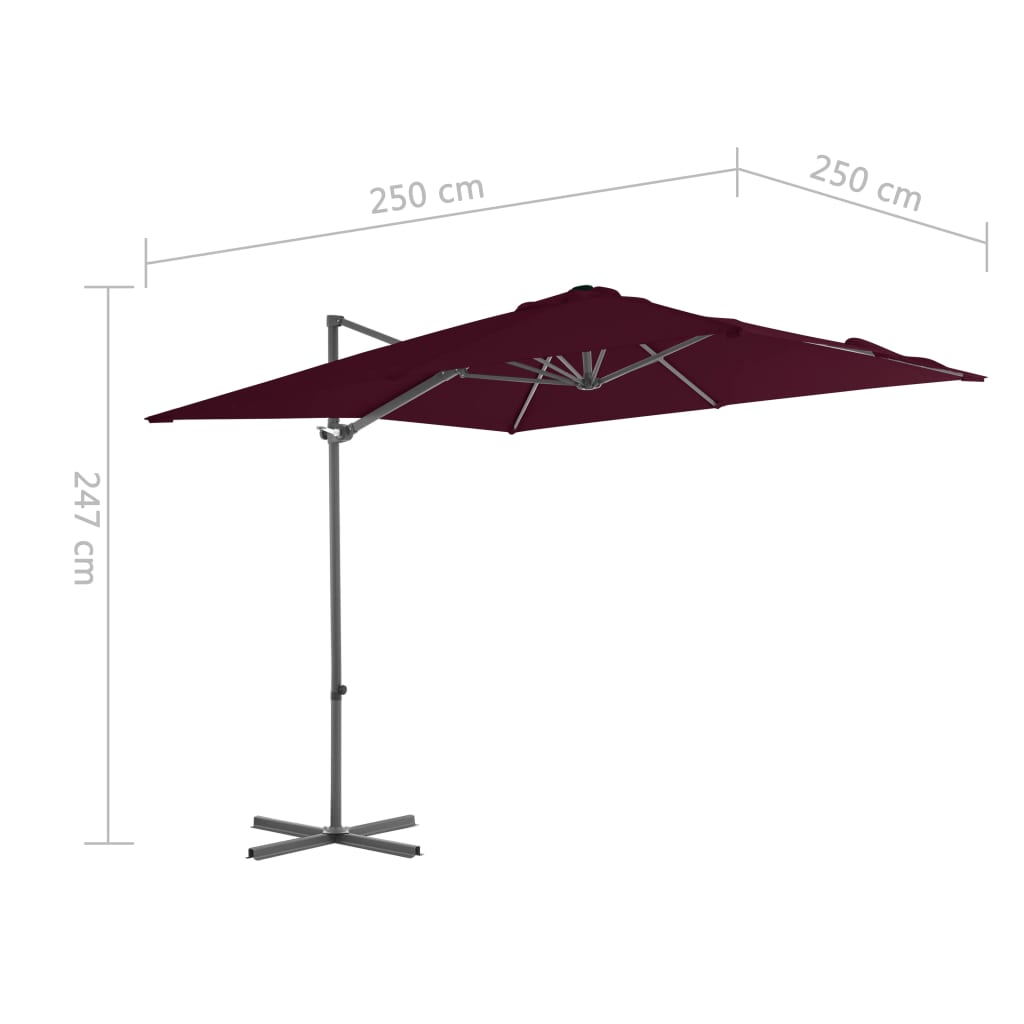 Guarda-sol de jardim cantilever c/ poste de aço 250x250cm bordô