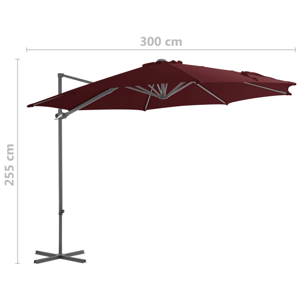 Guarda-sol de jardim cantilever c/ poste de aço 300 cm bordô