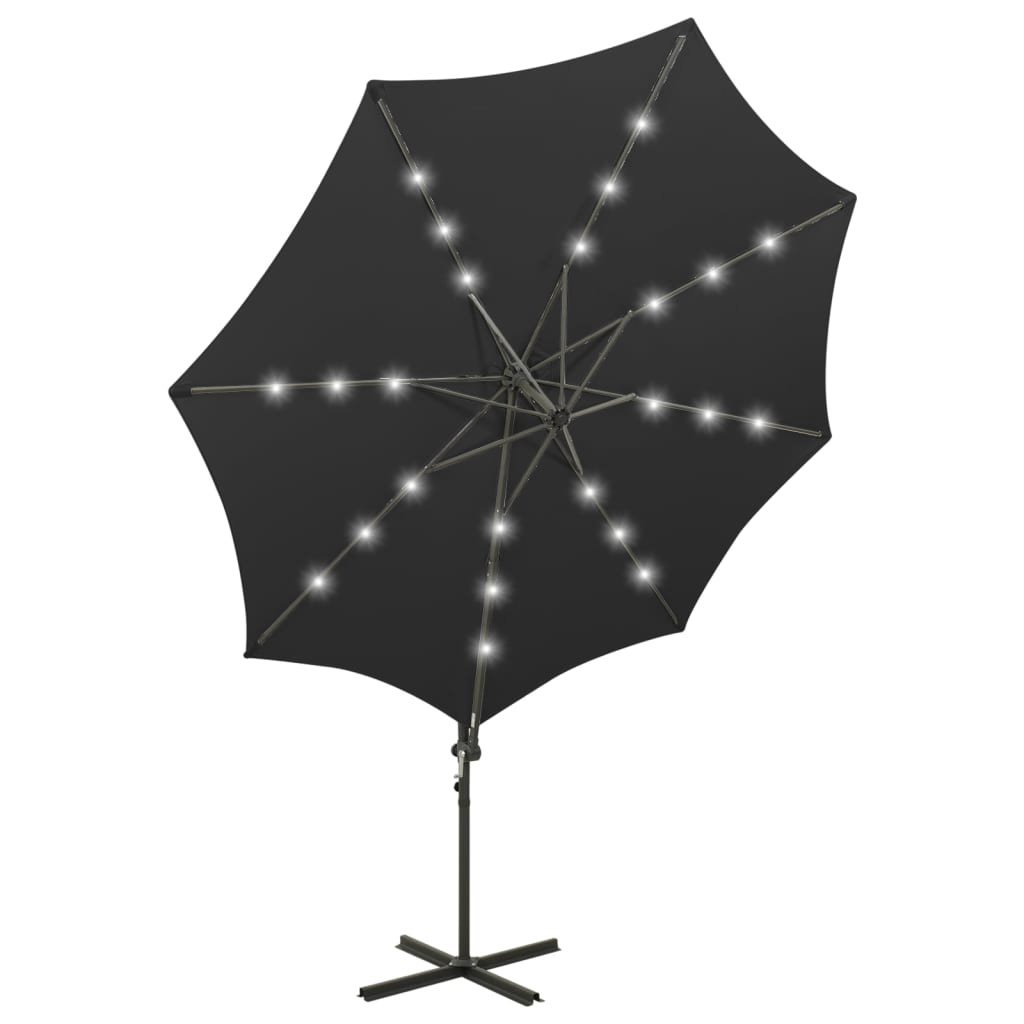 Guarda-sol jardim cantilever c/ poste e luzes LED 300 cm preto