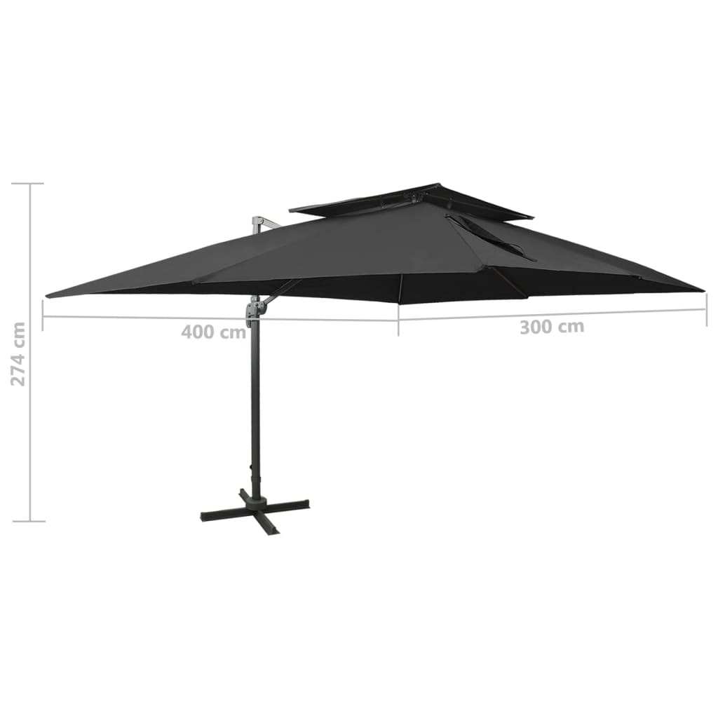 Guarda-sol de jardim cantilever com tampo duplo preto 400x300 cm
