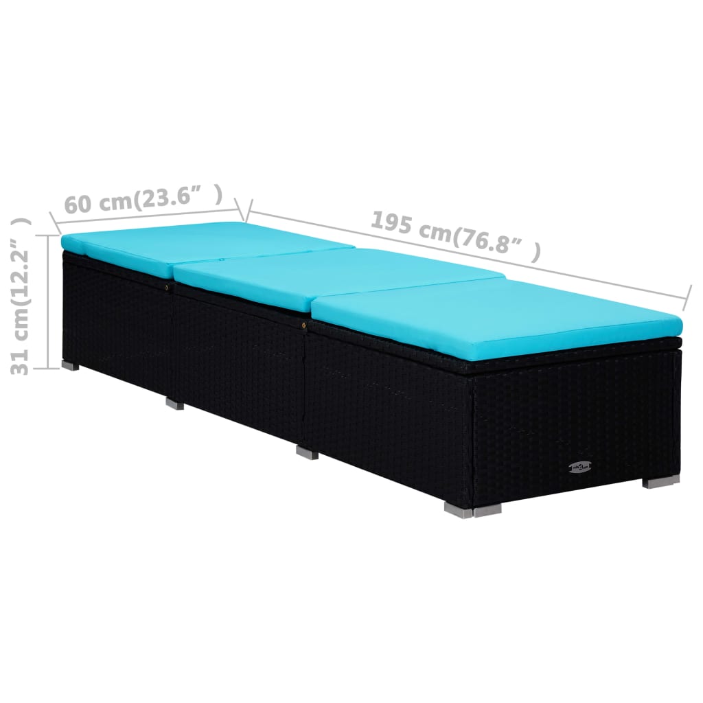 3 pcs espreguiçadeiras jardim c/ mesa de centro vime PE preto