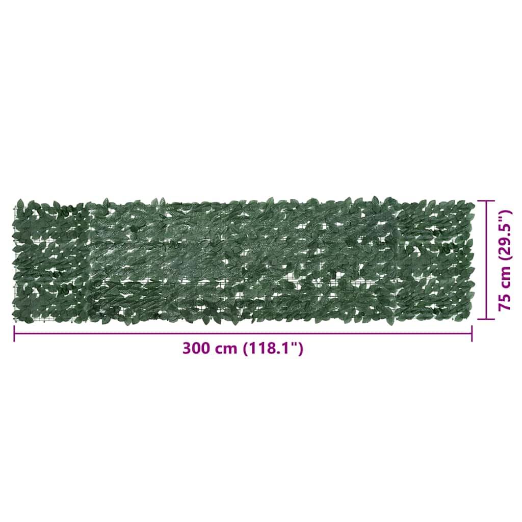 Tela de varanda com folhas verde-escuras 300x75 cm