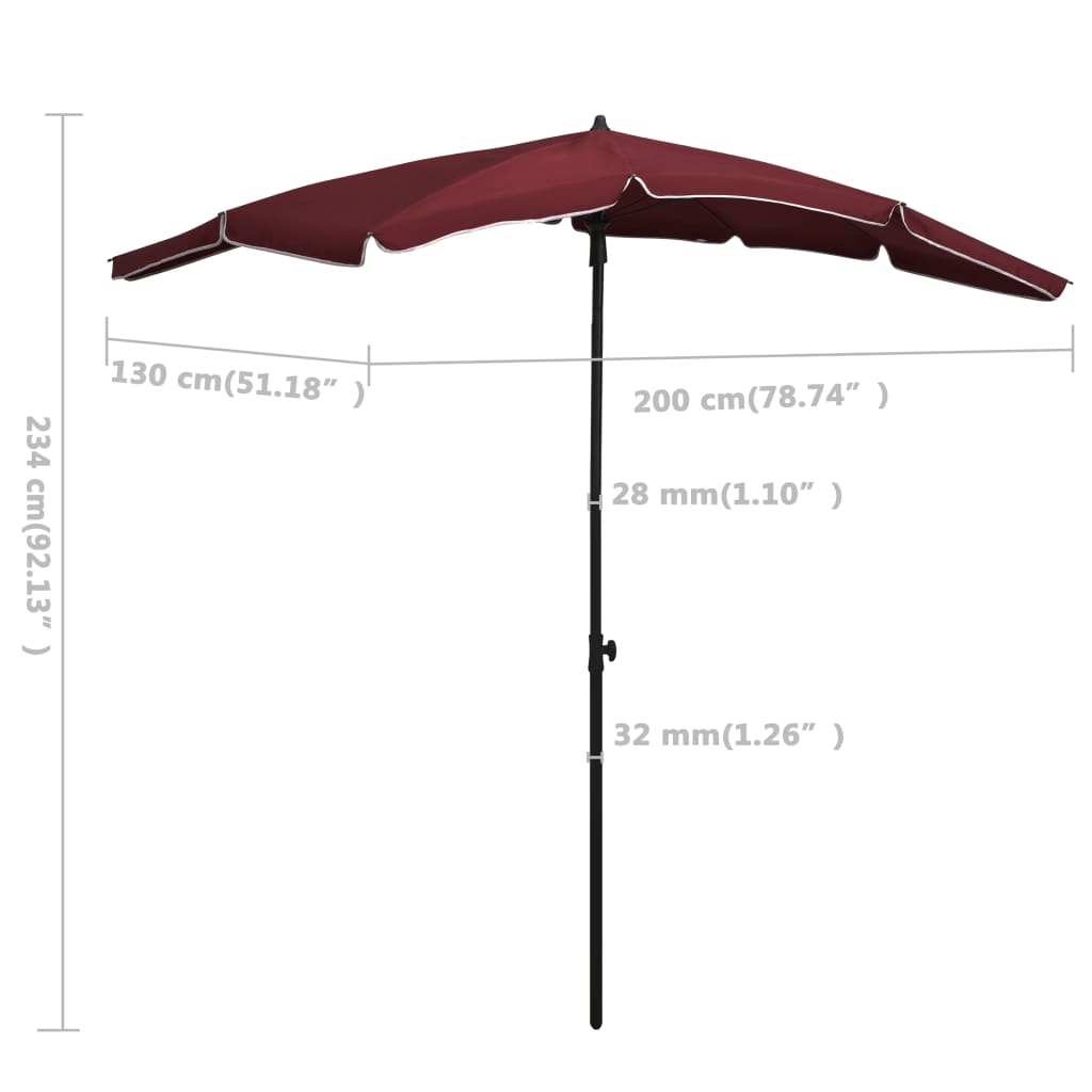 Guarda-sol de jardim com poste 200x130 cm bordô