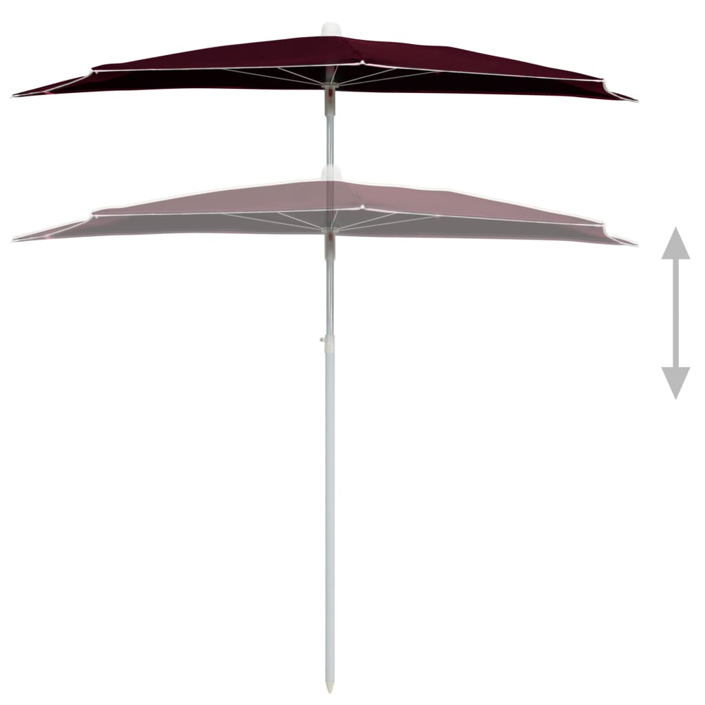 Guarda-sol semicircular com mastro 180x90 cm vermelho bordô