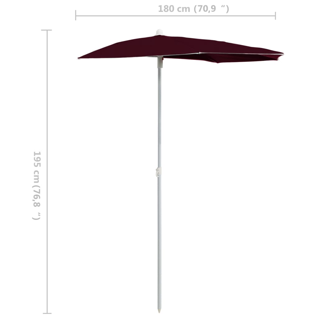 Guarda-sol semicircular com mastro 180x90 cm vermelho bordô