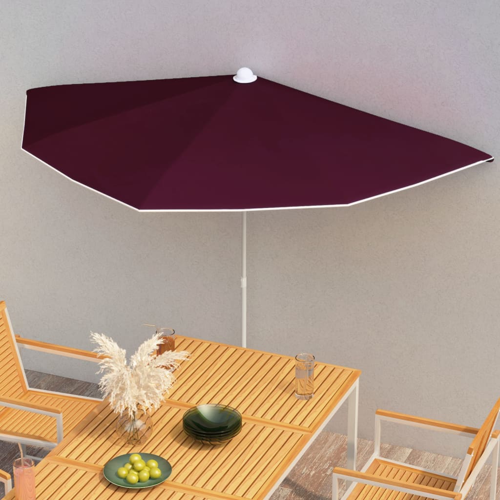 Guarda-sol semicircular com mastro 180x90 cm vermelho bordô