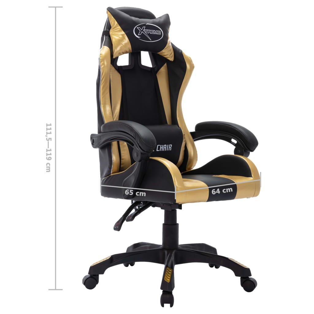 Cadeira estilo corrida luzes LED RGB couro artif. dourado/preto