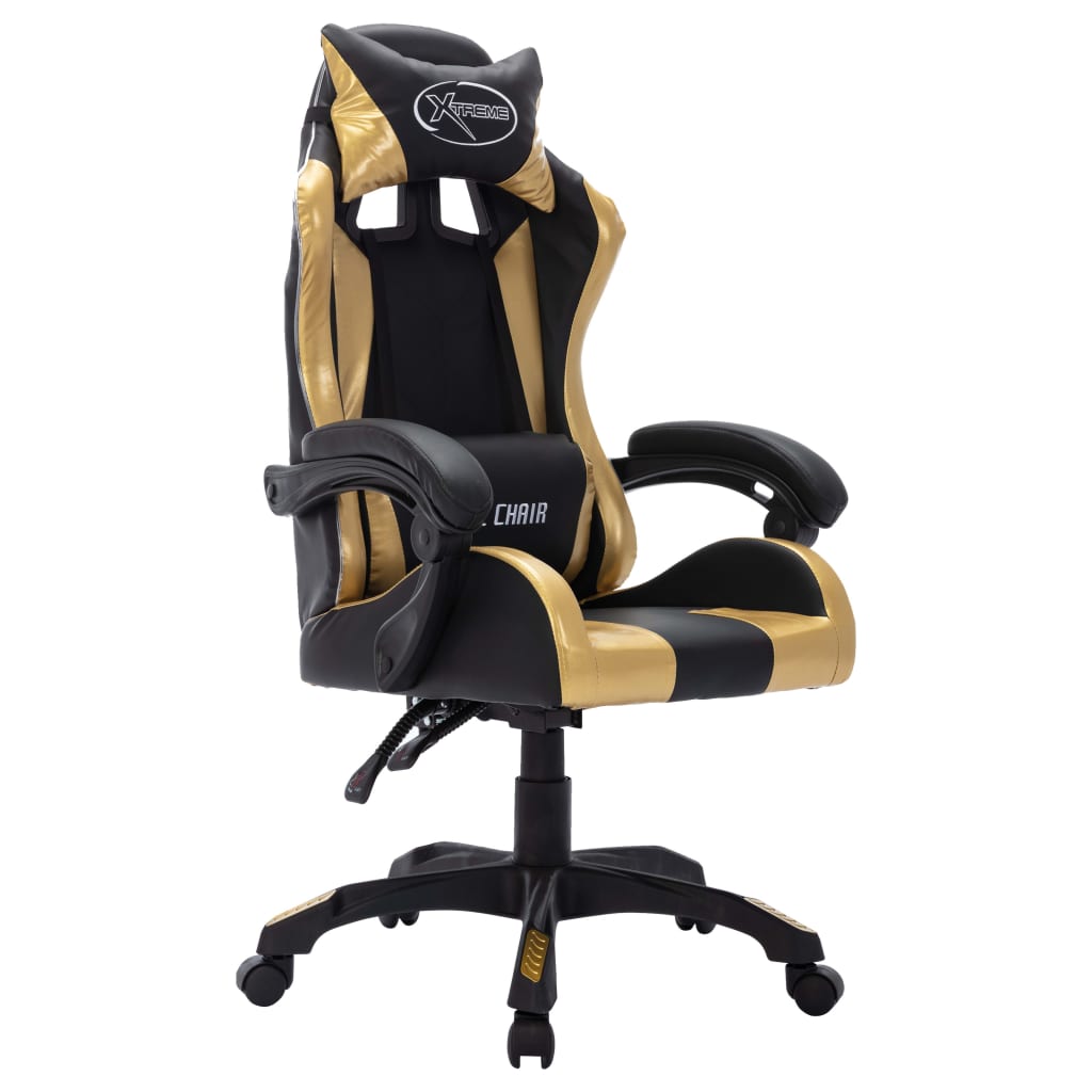 Cadeira estilo corrida luzes LED RGB couro artif. dourado/preto