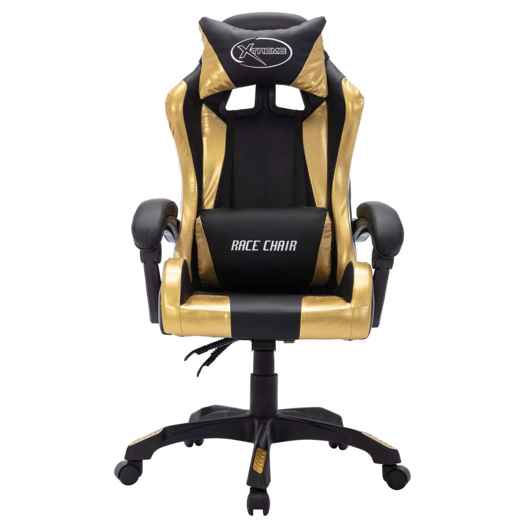 Cadeira estilo corrida luzes LED RGB couro artif. dourado/preto