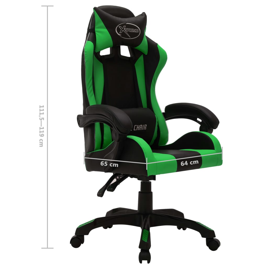 Cadeira estilo corrida luzes LED RGB couro artif. verde/preto