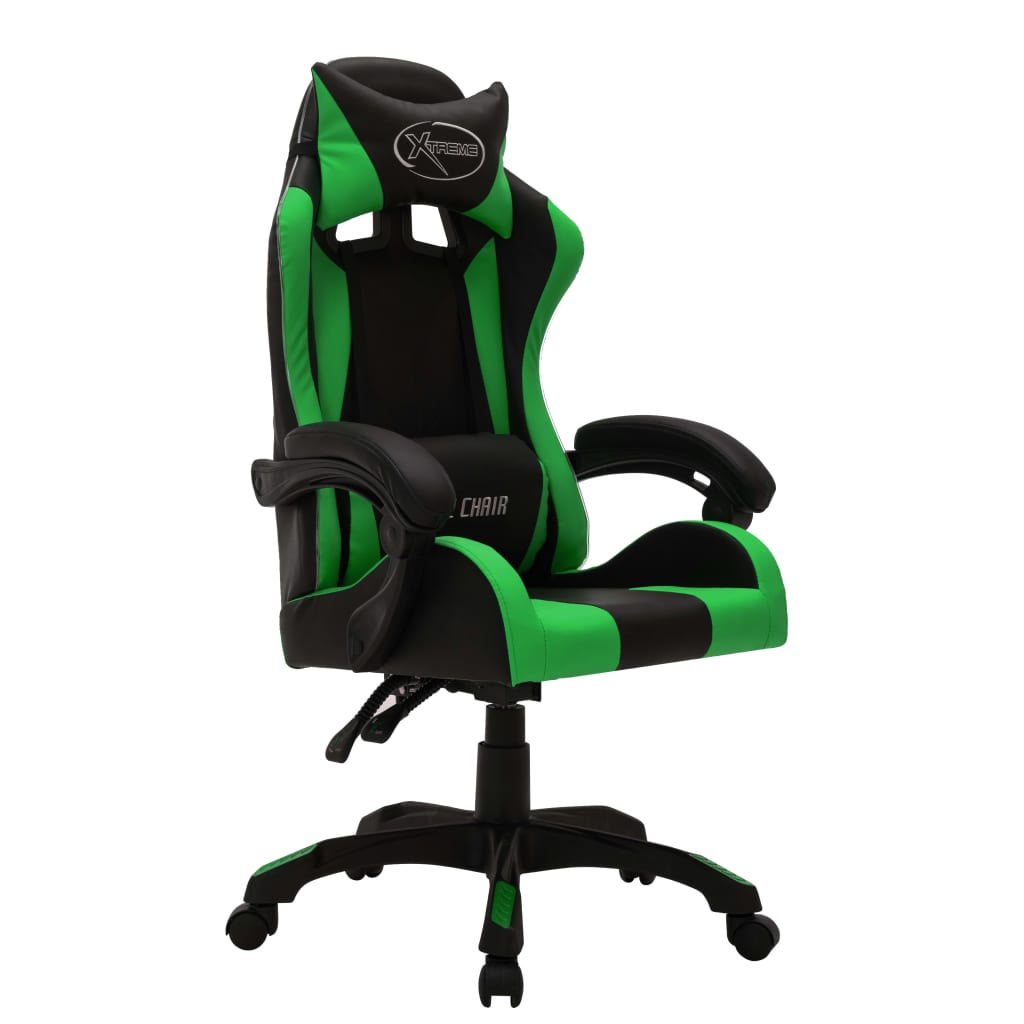 Cadeira estilo corrida luzes LED RGB couro artif. verde/preto