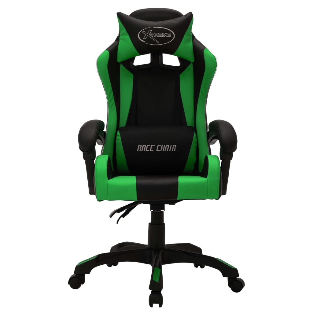 Cadeira estilo corrida luzes LED RGB couro artif. verde/preto
