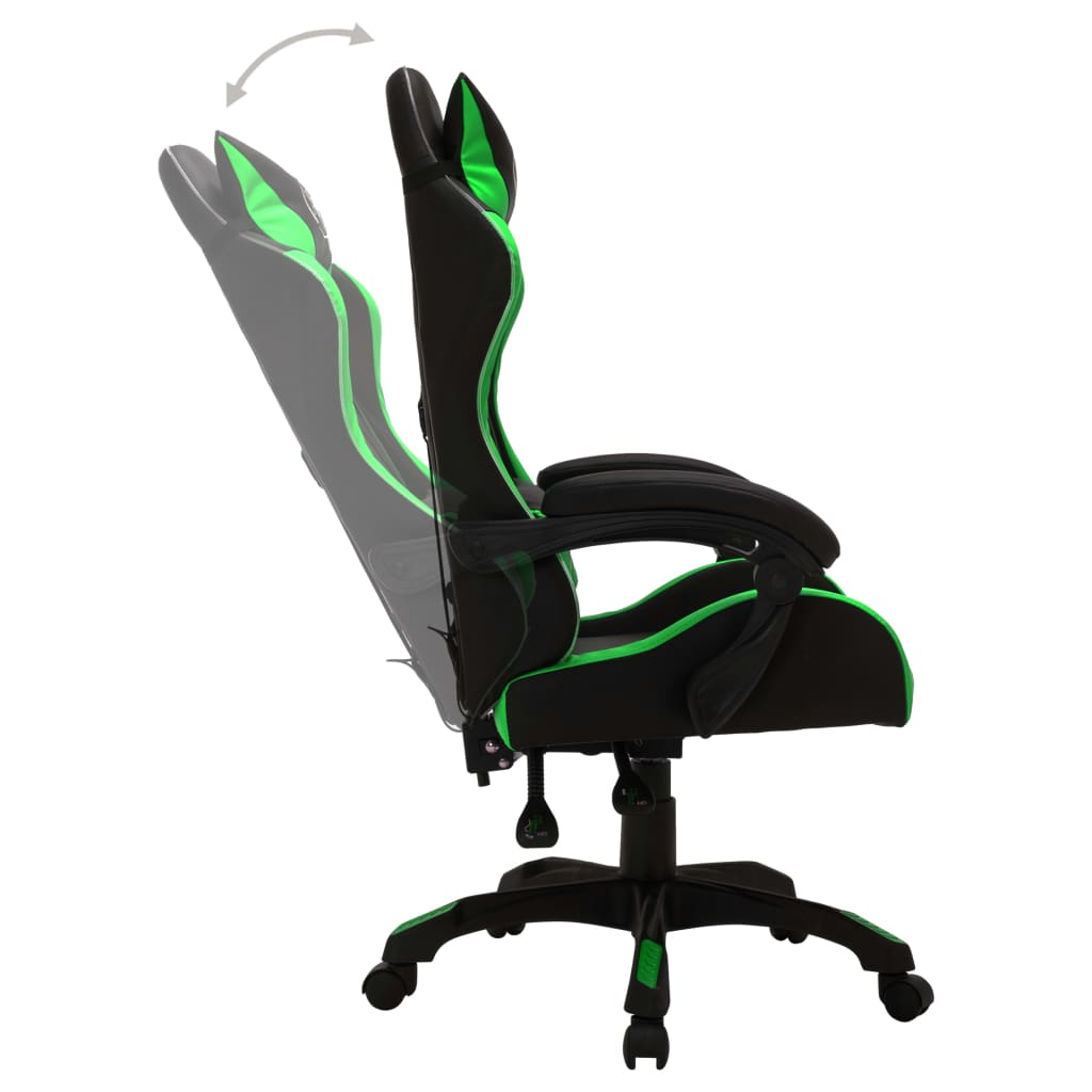 Cadeira estilo corrida luzes LED RGB couro artif. verde/preto