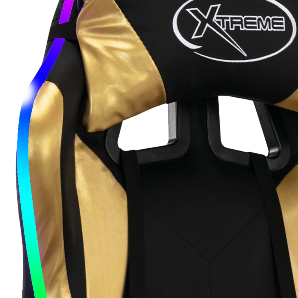 Cadeira estilo corrida luzes LED RGB couro artif. dourado/preto