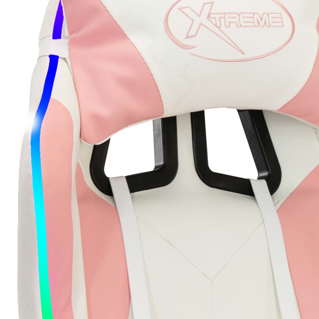 Cadeira estilo corrida c/ luzes LED RGB couro arti. rosa/branco
