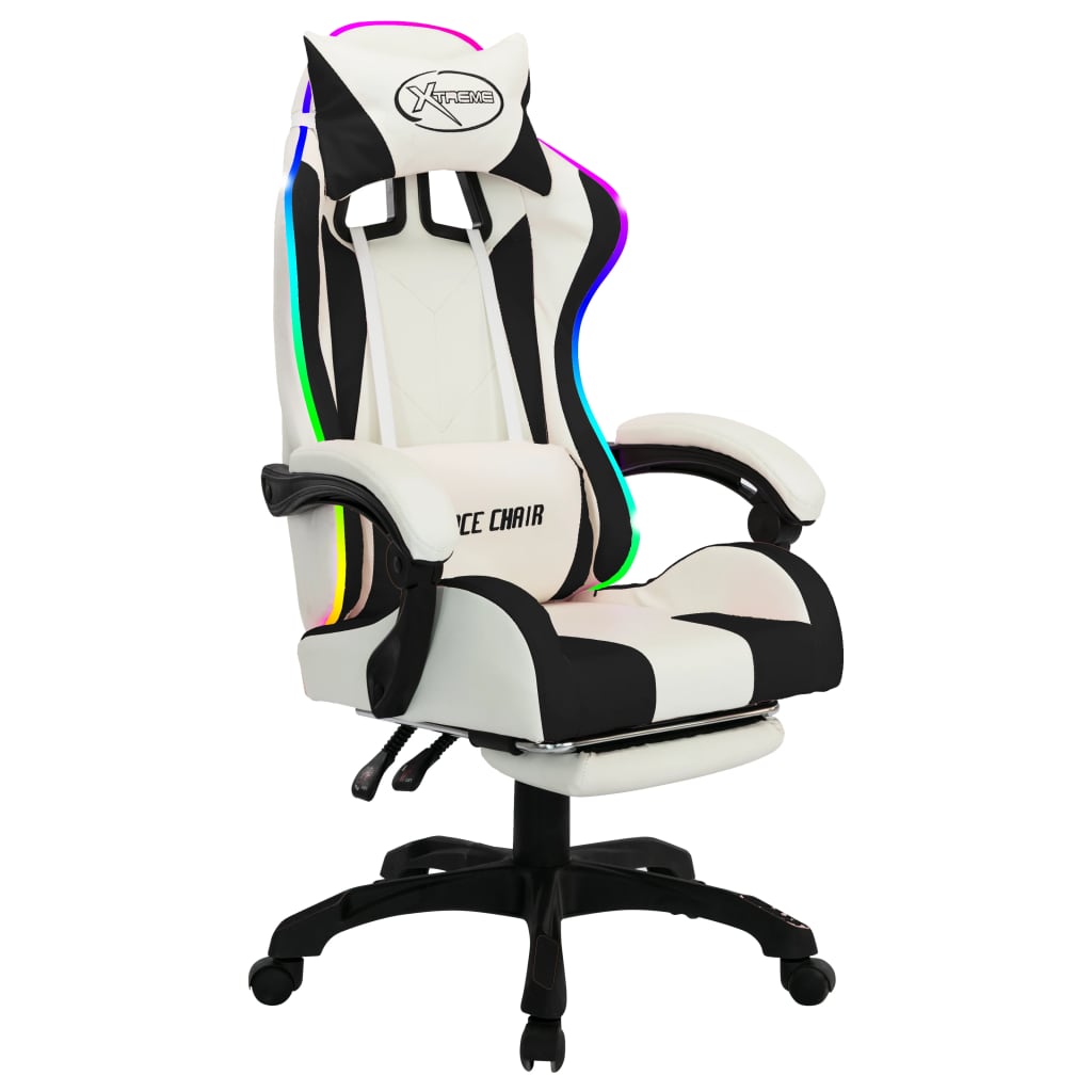 Cadeira estilo corrida luzes LED RGB couro artif. preto/branco