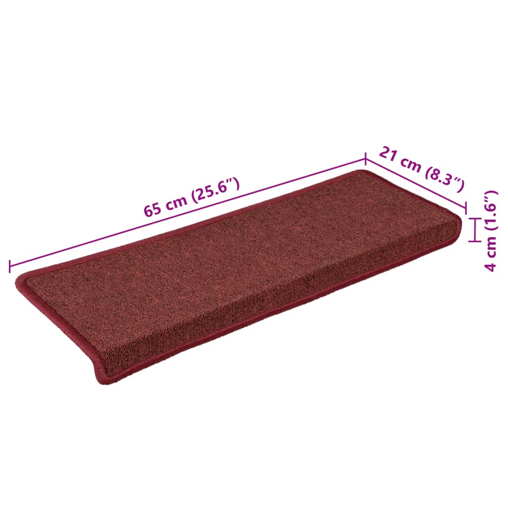Tapetes de escada 15 peças 65x21x4 cm Bordô com borda retangular