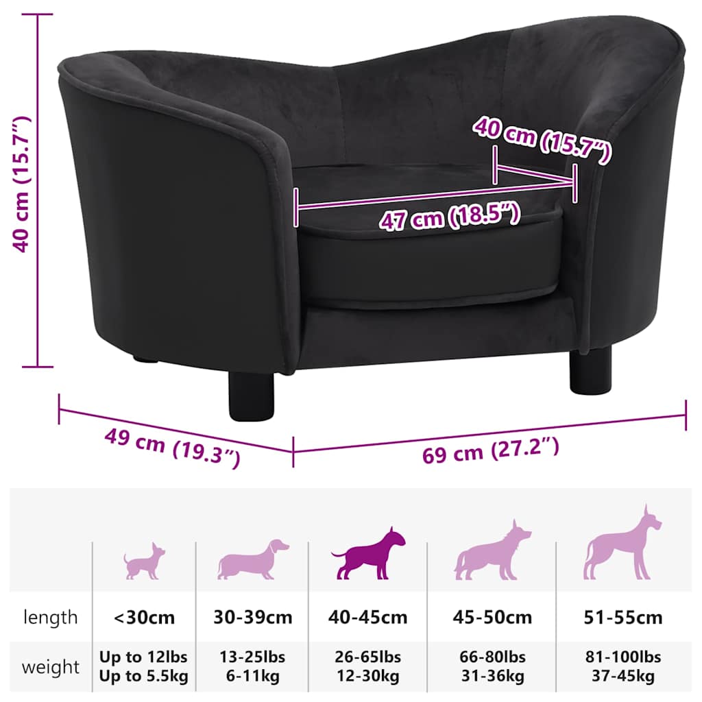 Sofá para cães 69x49x40 cm pelúcia e couro artificial preto