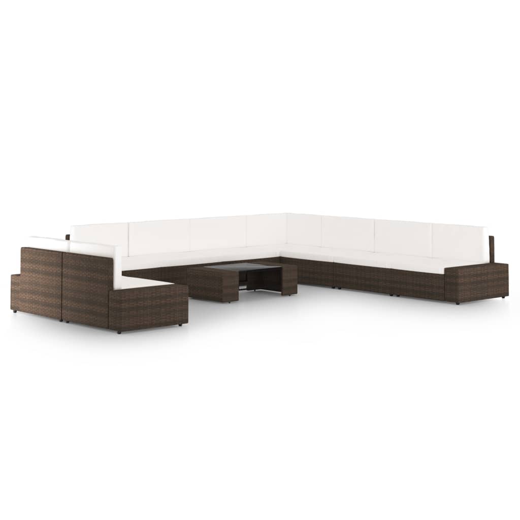 10 pcs conjunto lounge p/ jardim c/ almofadões vime PE castanho