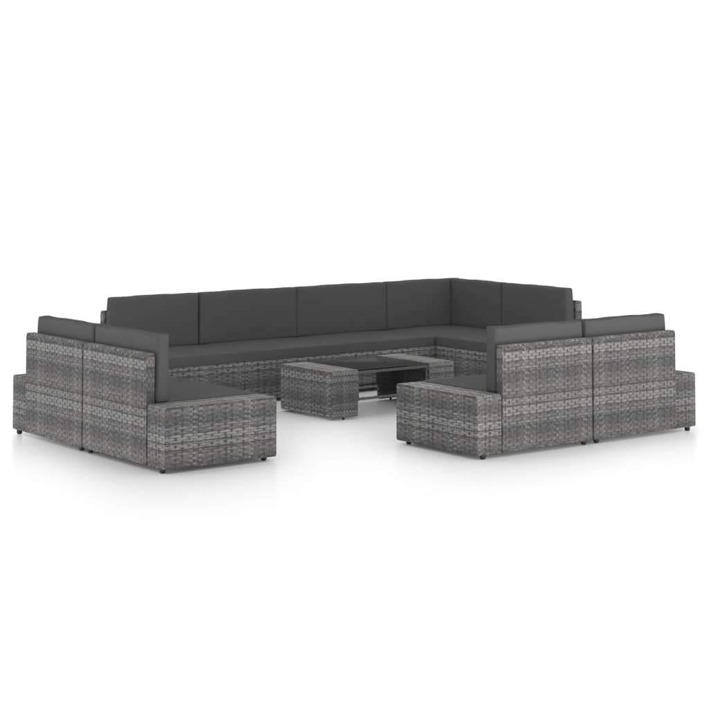 10 pcs conjunto lounge de jardim c/ almofadões vime PE cinzento