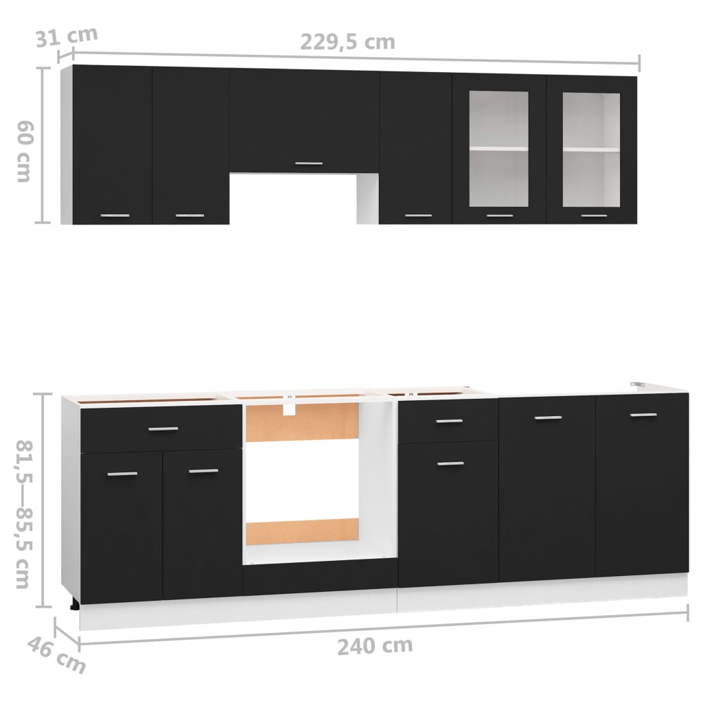 Conjunto armários de cozinha derivados de madeira preto, 8 pcs