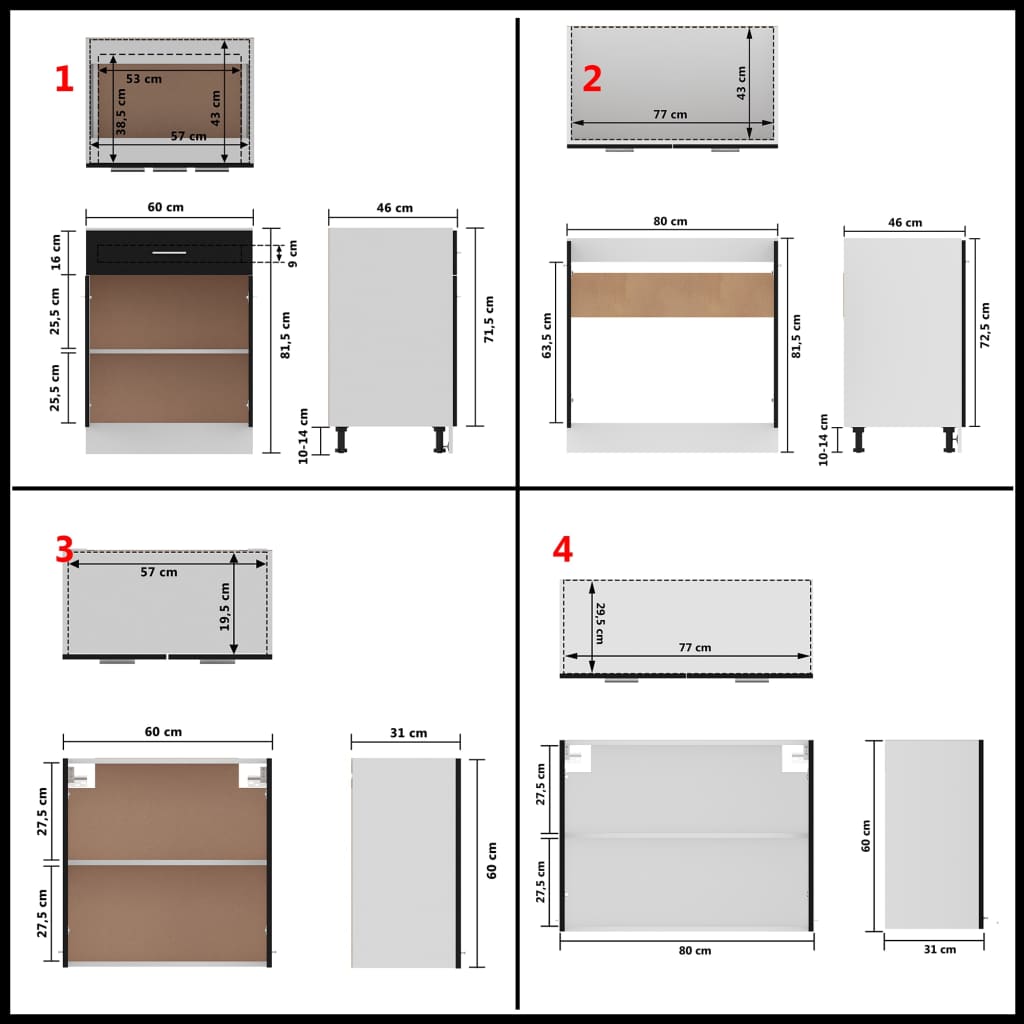 Conjunto armários de cozinha derivados de madeira Lyon preto, 4 pcs