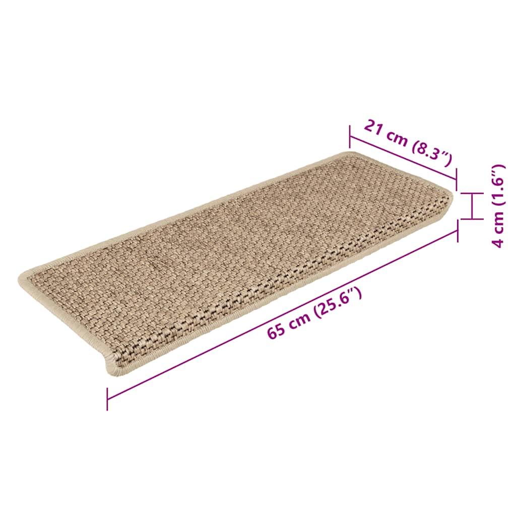 Tapetes escada adesivos aspeto sisal 15pcs 65x21x4cm cor areia