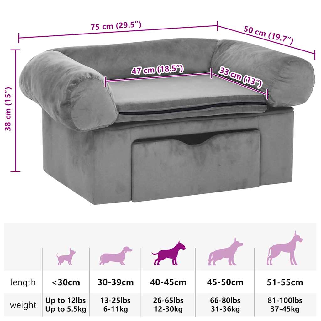 Sofá para cães com gaveta 75x50x38 cm pelúcia cinzento