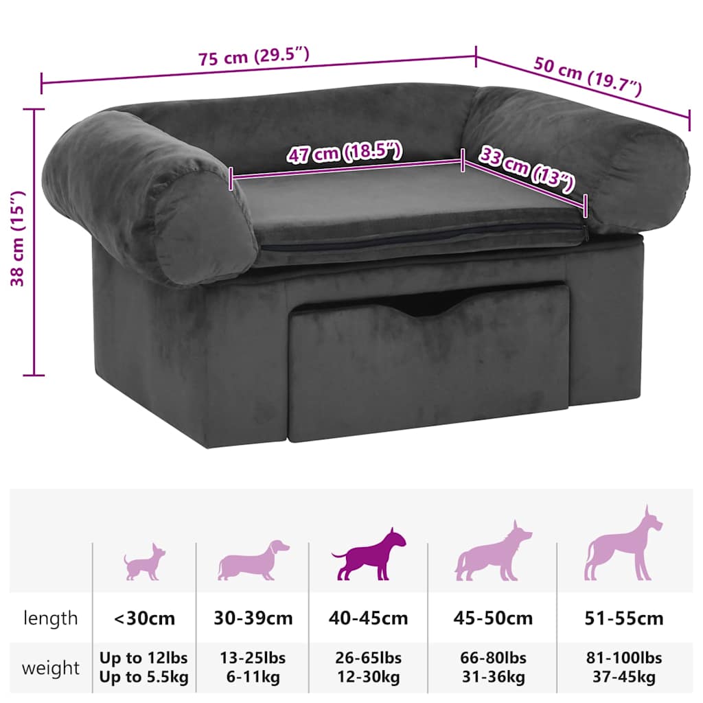 Sofá para cães com gaveta 75x50x38 cm pelúcia cinzento-escuro