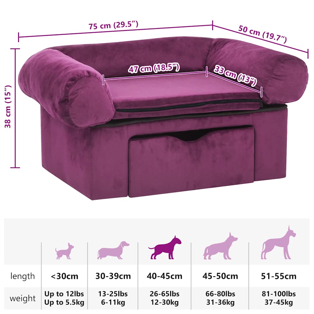 Sofá para cães com gaveta 75x50x38 cm pelúcia bordô