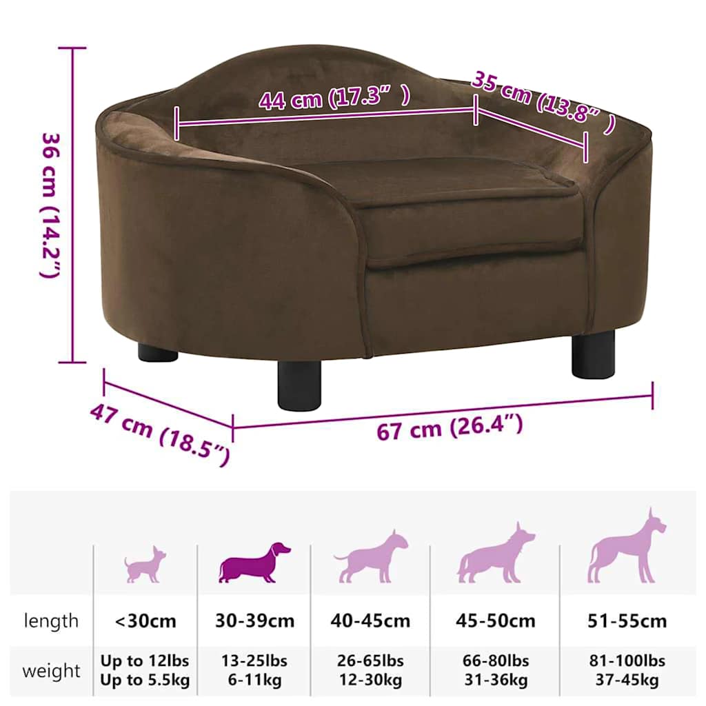 Sofá para cães 67x47x36 cm pelúcia castanho