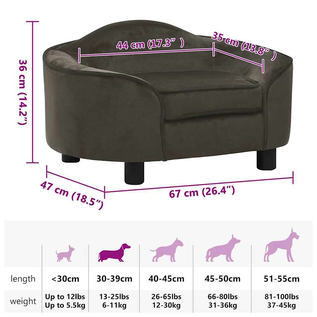 Sofá para cães 67x47x36 cm pelúcia cinzento-escuro