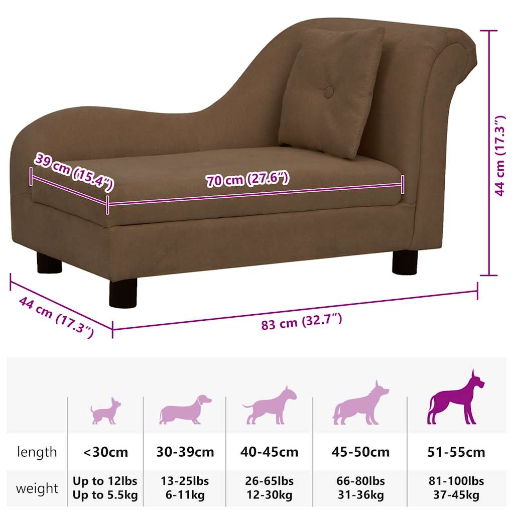 Sofá para cães com almofada 83x44x44 cm pelúcia castanho