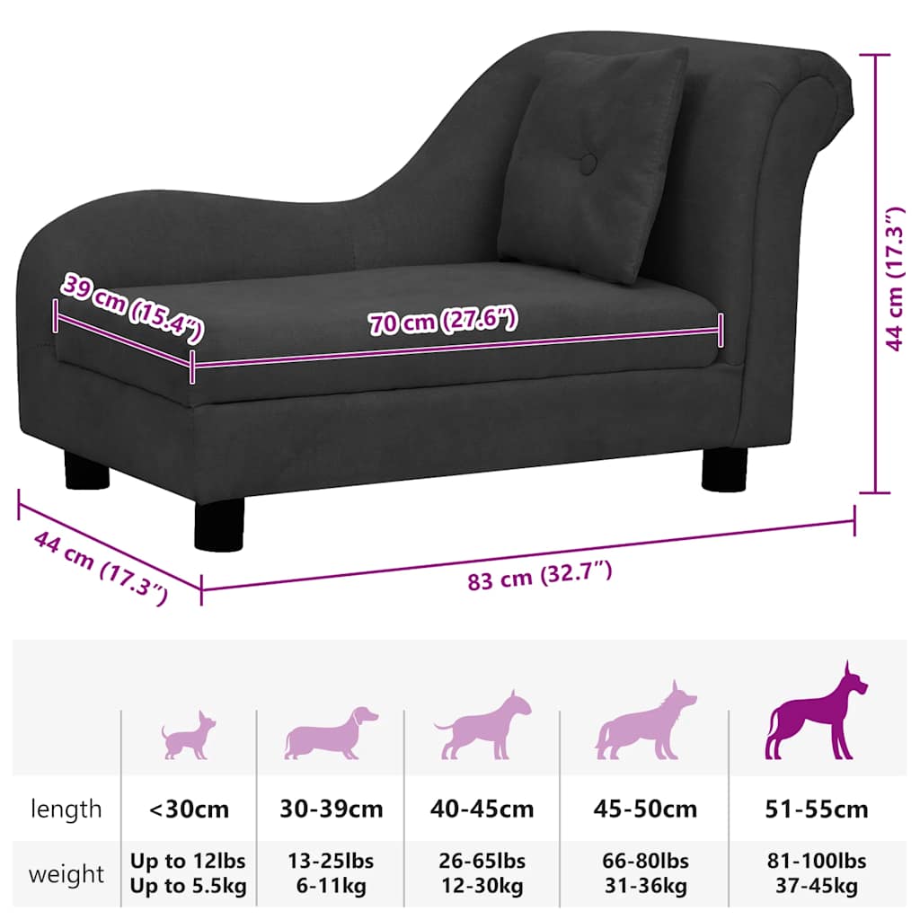 Sofá para cães com almofada 83x44x44 cm pelúcia preto