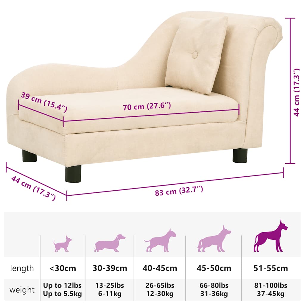 Sofá para cães com almofada 83x44x44 cm pelúcia creme
