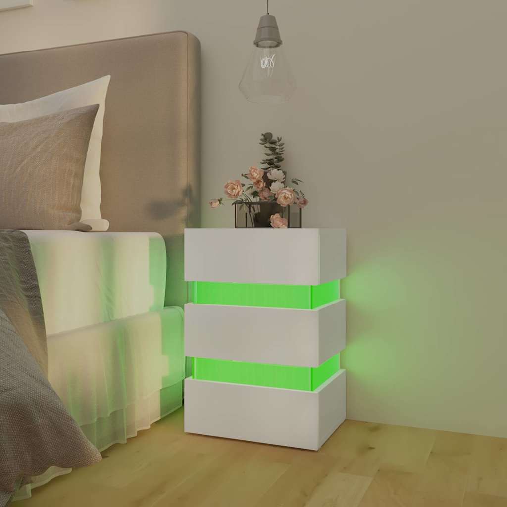 Mesa de cabeceira c/ luzes LED derivados de madeira branco