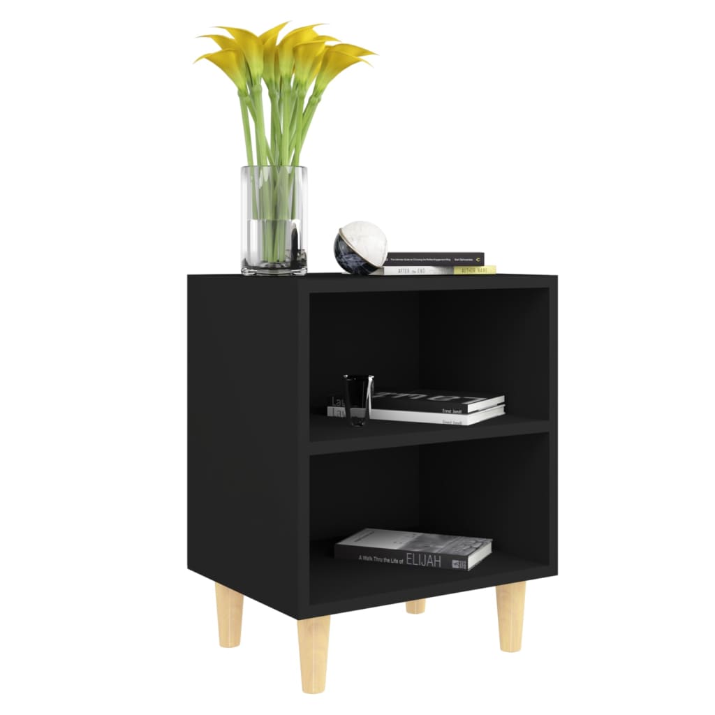 Mesas de cabeceira pernas madeira maciça 2pcs 40x30x50cm preto