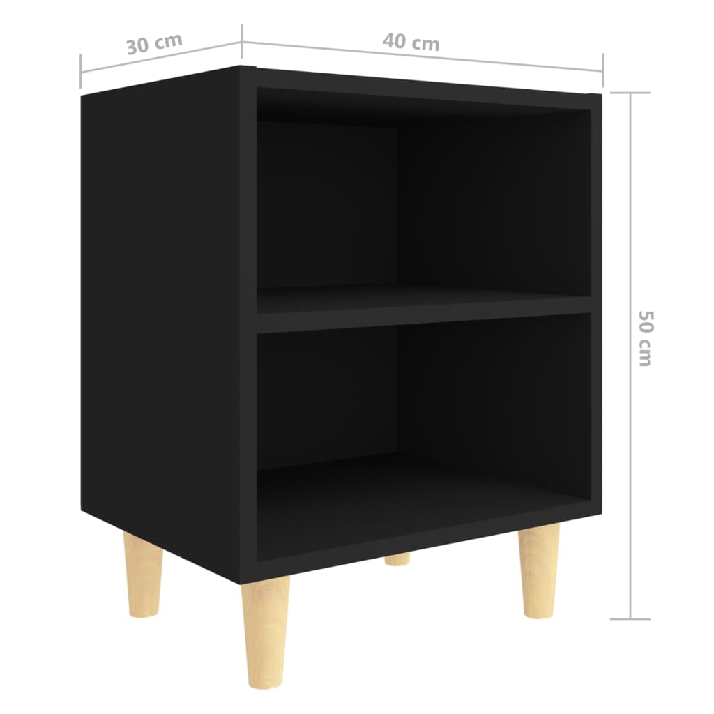 Mesas de cabeceira pernas madeira maciça 2pcs 40x30x50cm preto
