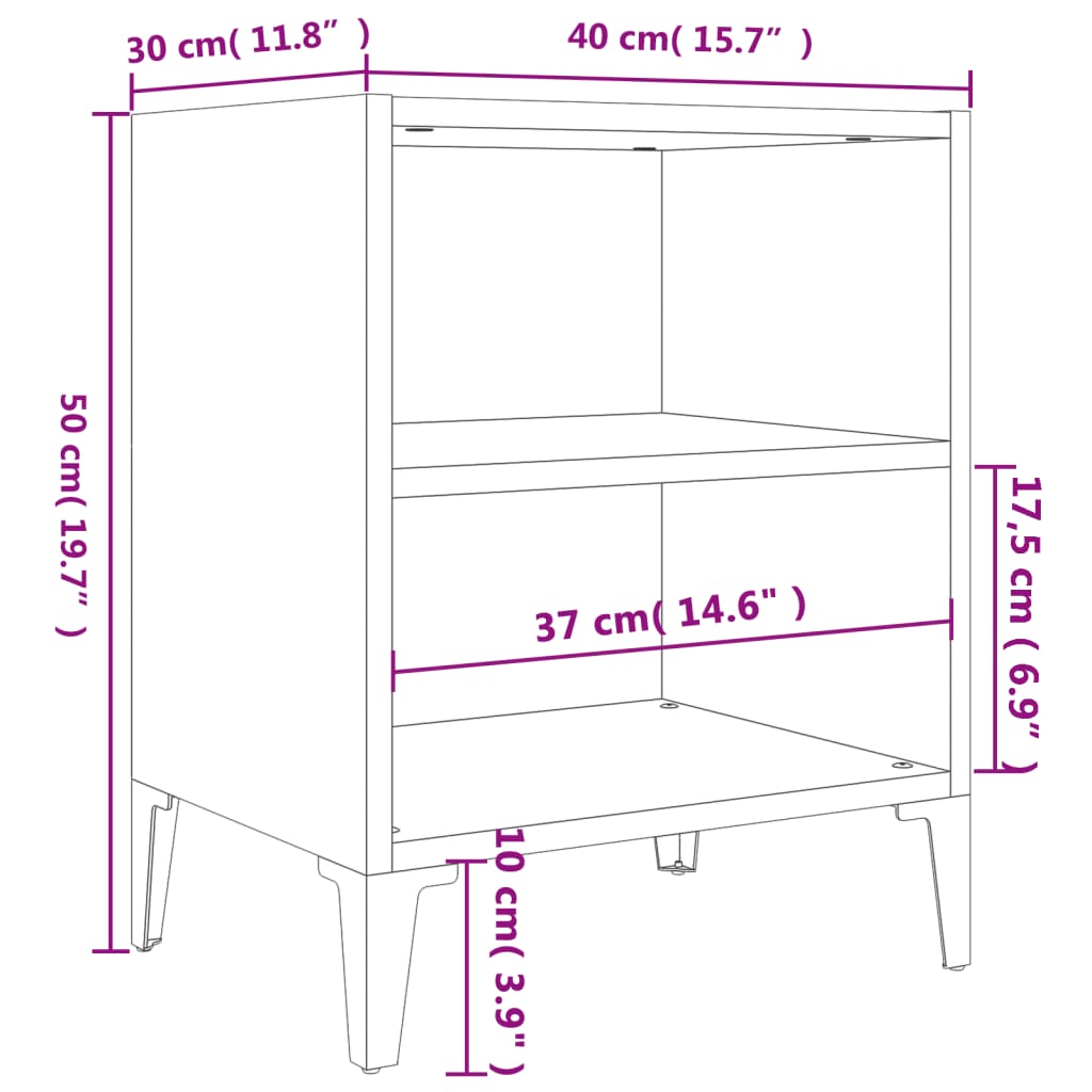 Mesa de cabeceira com pernas em metal 40x30x50 cm branco