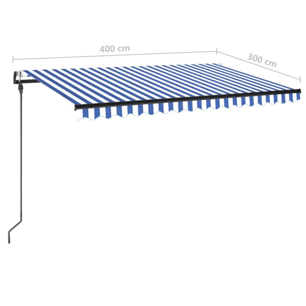 Toldo autom. LED e sensor de vento 400x300 cm azul e branco