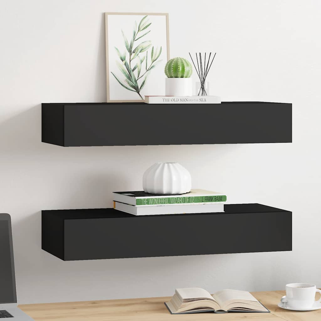 Prateleiras de parede c/ gavetas 2 pcs MDF 60x23,5x10 cm preto