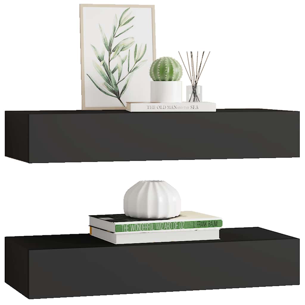 Prateleiras de parede c/ gavetas 2 pcs MDF 60x23,5x10 cm preto