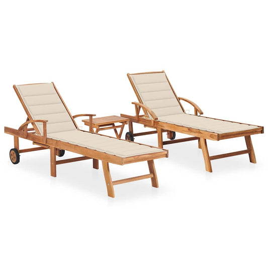 Espreguiçadeiras com mesa e almofadão 2 pcs teca maciça