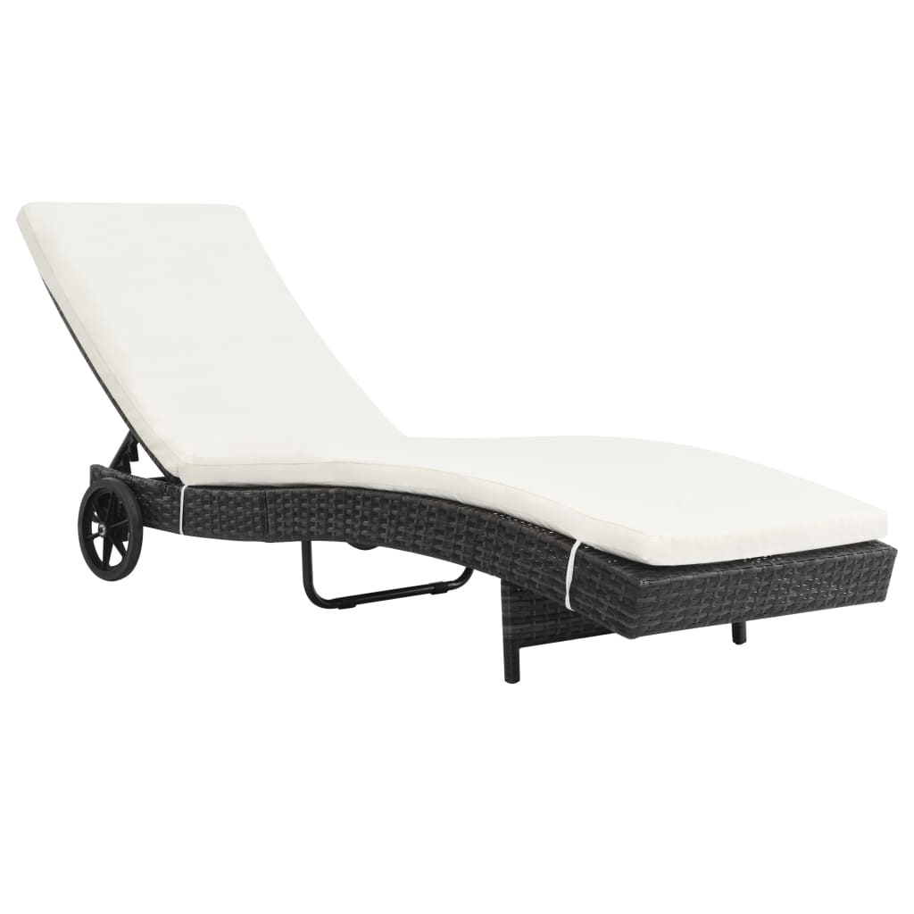 Espreguiçadeiras com rodas e almofadões 2 pcs vime PE preto