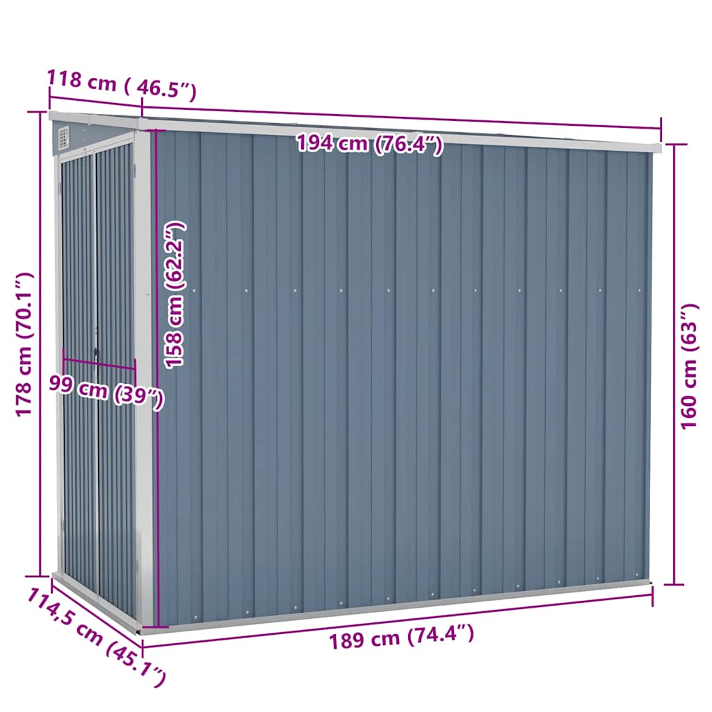 Abrigo suspenso p/ jardim 118x194x178 cm aço galvaniz. cinzento